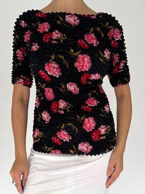 90s Y2K vintage floral rose print stretchy summer popcorn top bubble blouse